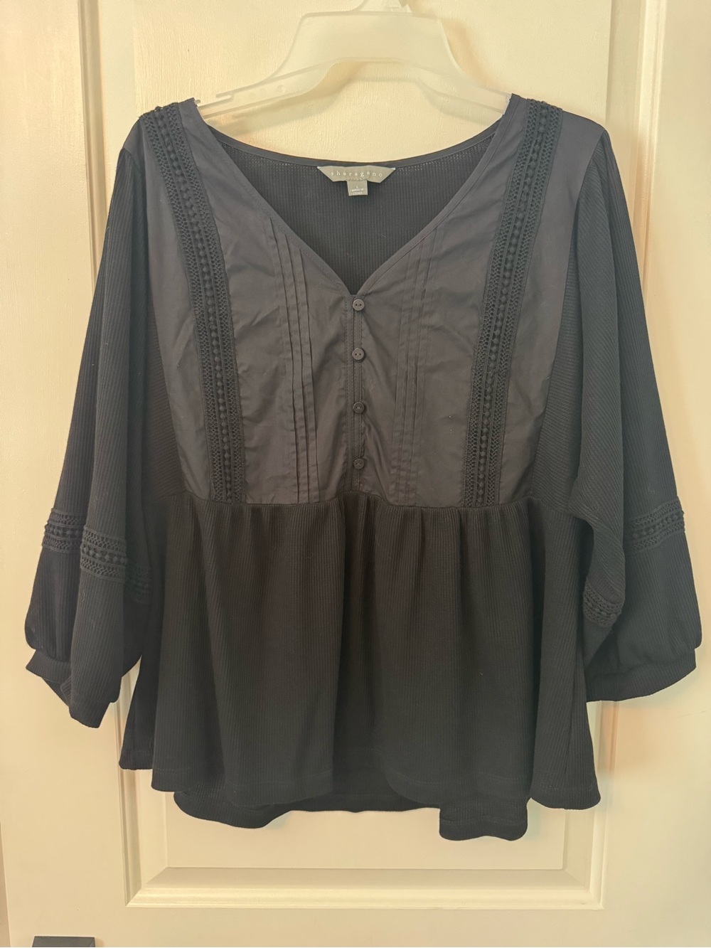 Sharagano Black Waffle-Knit Peasant Tunic